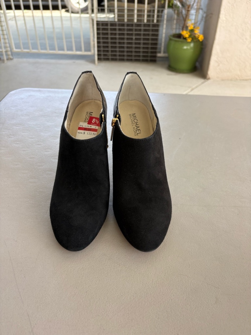 MICHAEL Michael Kors Black Suede Ankle Booties with Gold Zip Detail